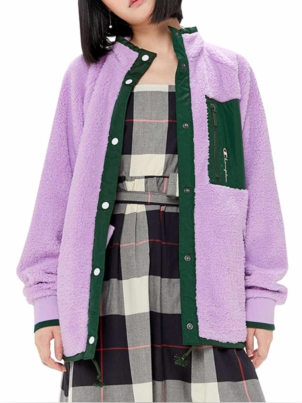 lavender dark green Champion UO Exclusive Sherpa Coach Jacket cozy fleece small
